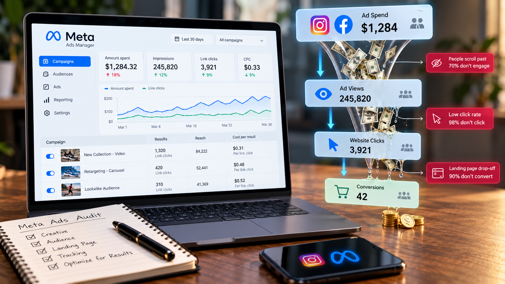 Meta Ads dashboard showing ad spend, clicks, conversions, and wasted advertising budget